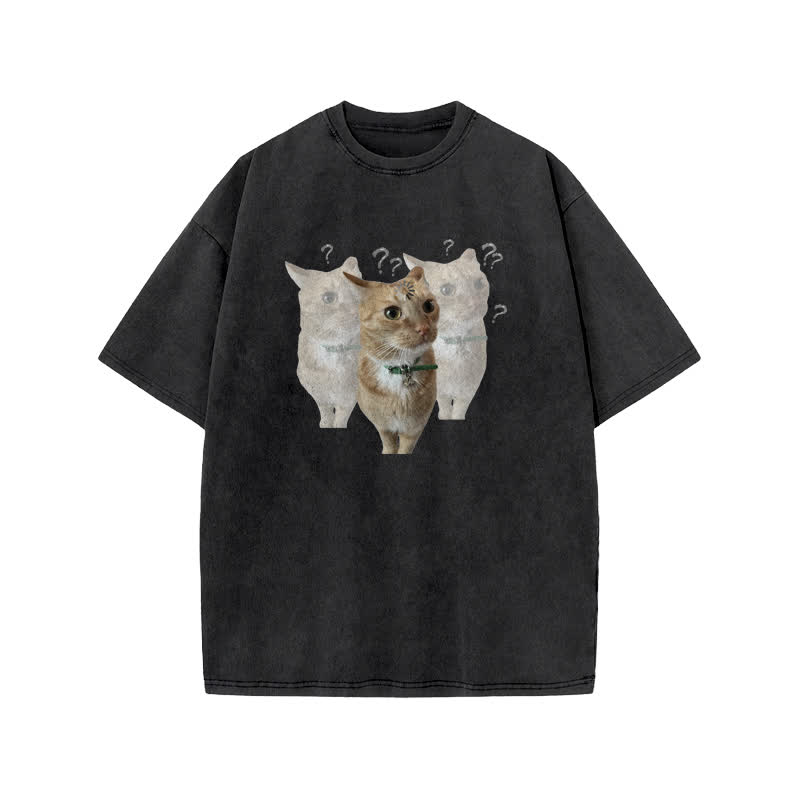 Unisex  "Brain Is Loading" Fun Cat Pattern Print Acid Washed T-shirt