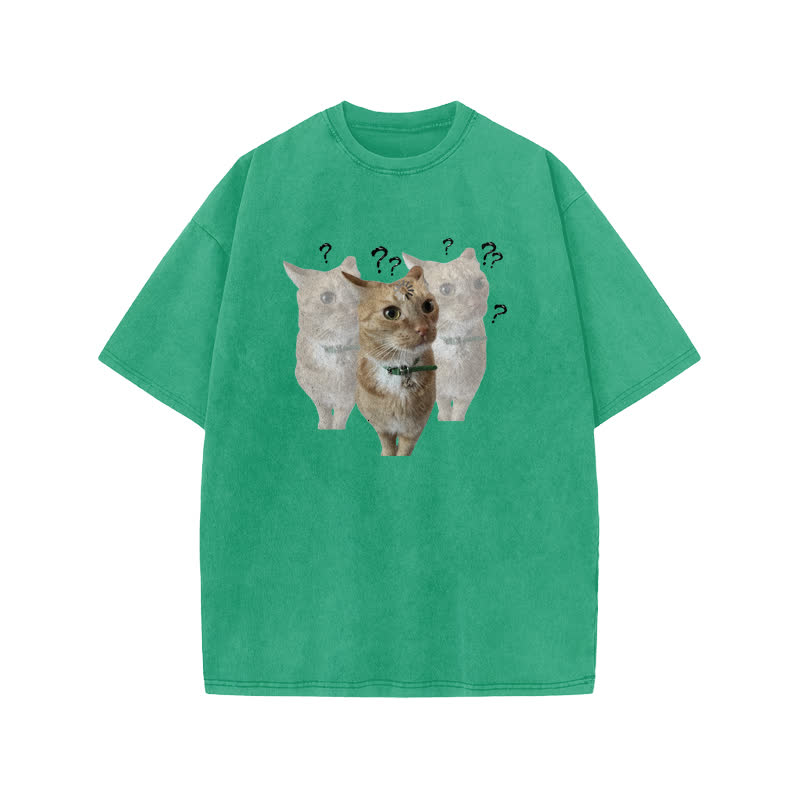 Unisex  "Brain Is Loading" Fun Cat Pattern Print Acid Washed T-shirt