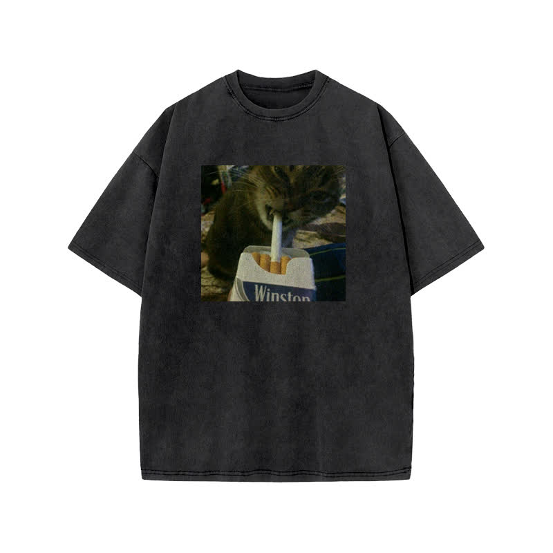 Unisex Do You Want One? Fun Cat Pattern Print Acid Washed T-shirt