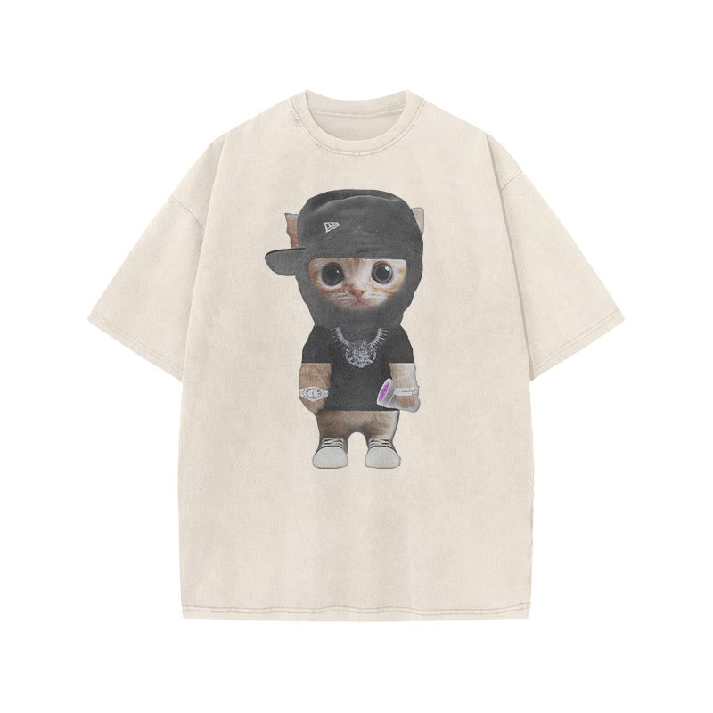 Unisex Street Style Cat Print Acid Washed T-shirt