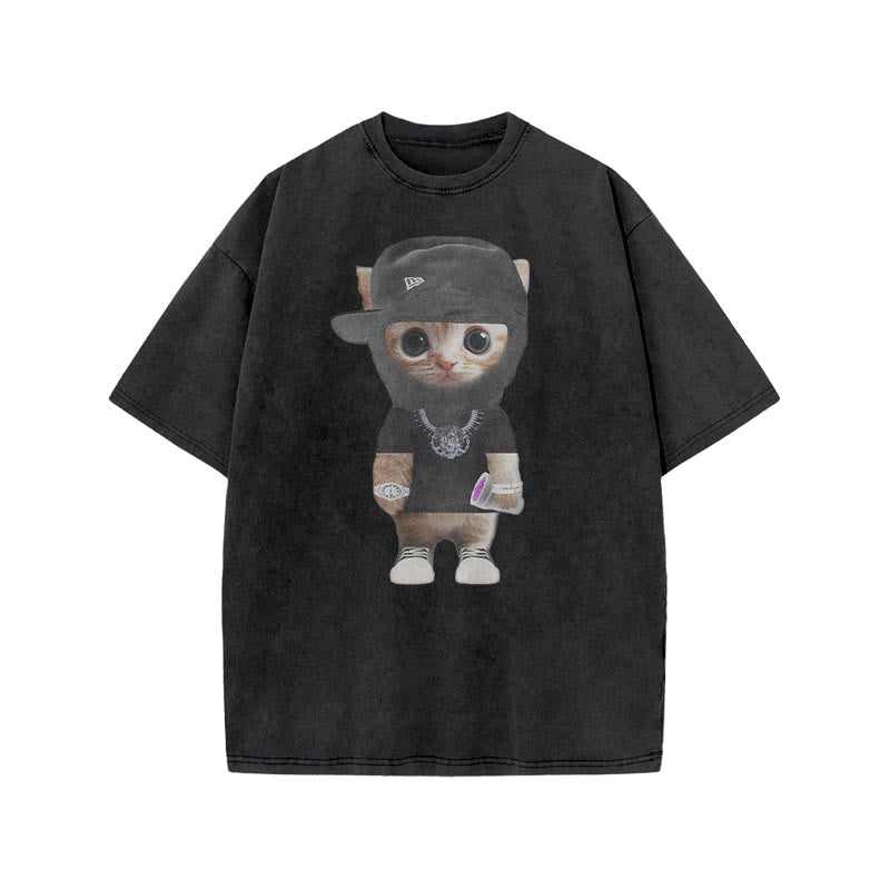 Unisex Street Style Cat Print Acid Washed T-shirt