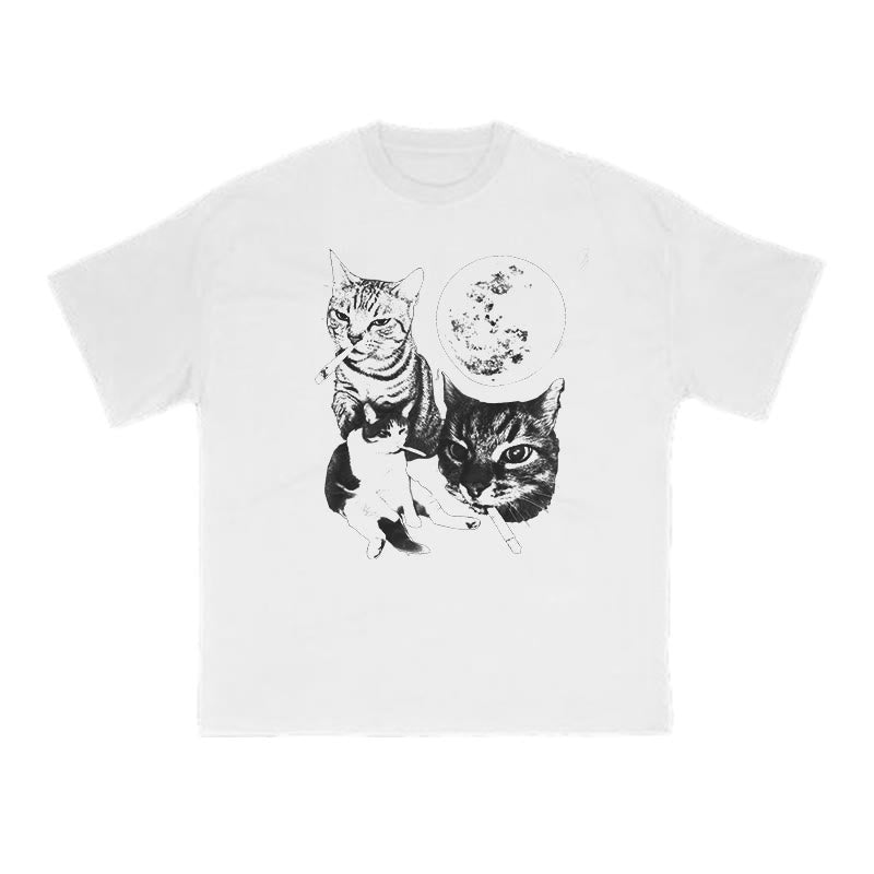 Unisex Three Cats Smoking Under The Moon Print T-shirt