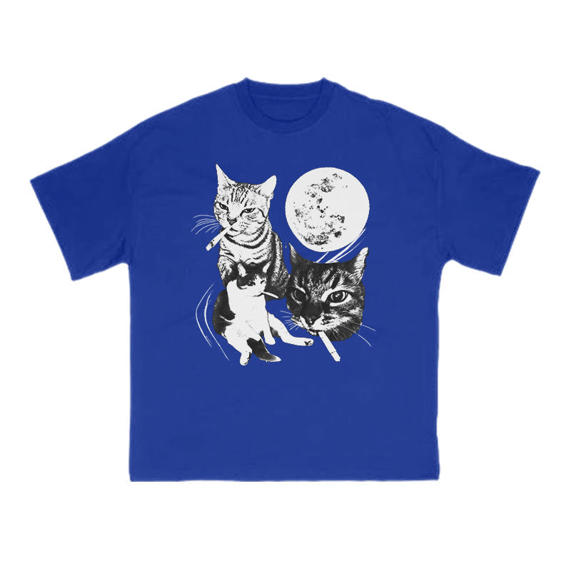 Unisex Three Cats Smoking Under The Moon Print T-shirt