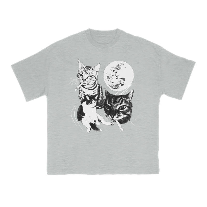 Unisex Three Cats Smoking Under The Moon Print T-shirt
