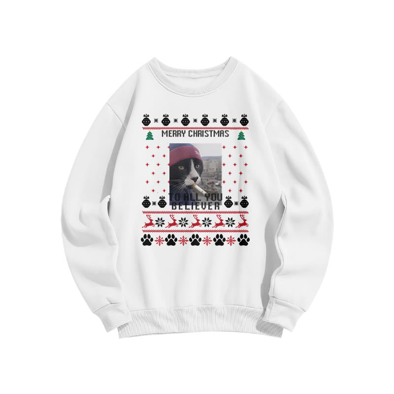 A Streetwear Smoking Cat Christmas Print Sweatshirt