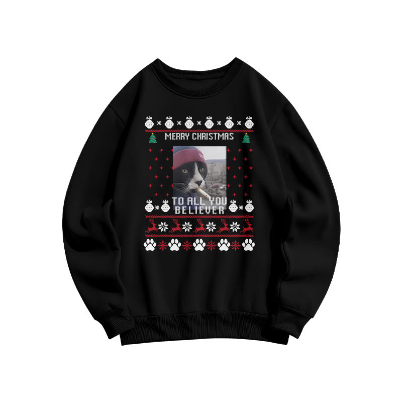 A Streetwear Smoking Cat Christmas Print Sweatshirt