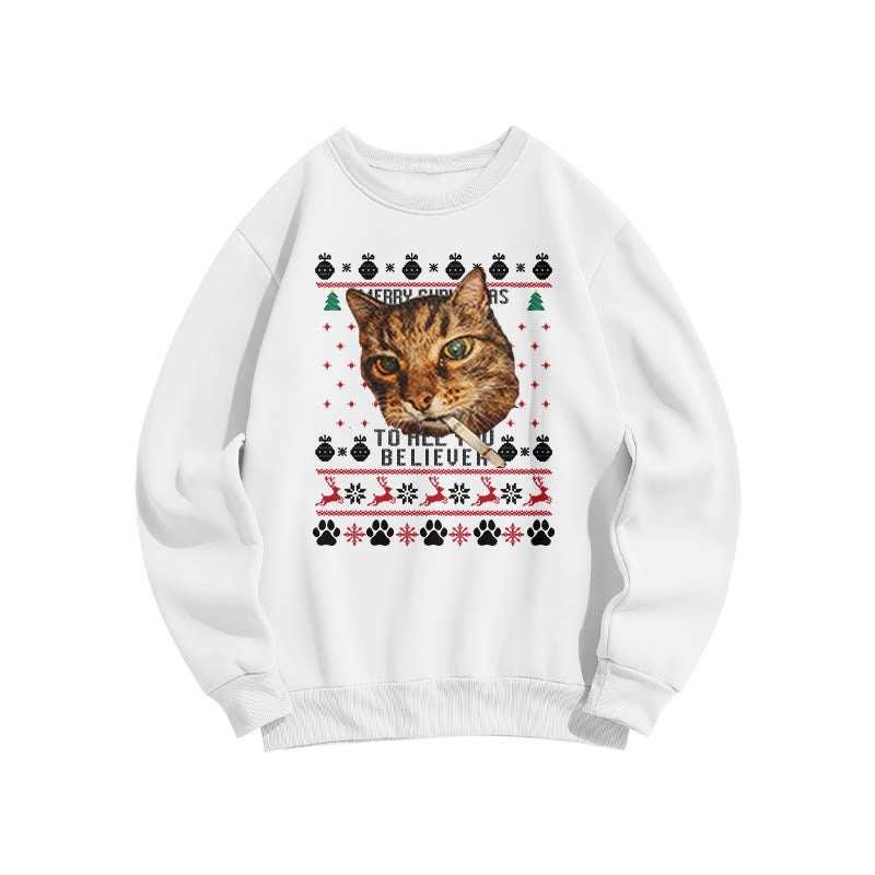 A Domineering Smoking Cat Christmas Print Sweatshirt