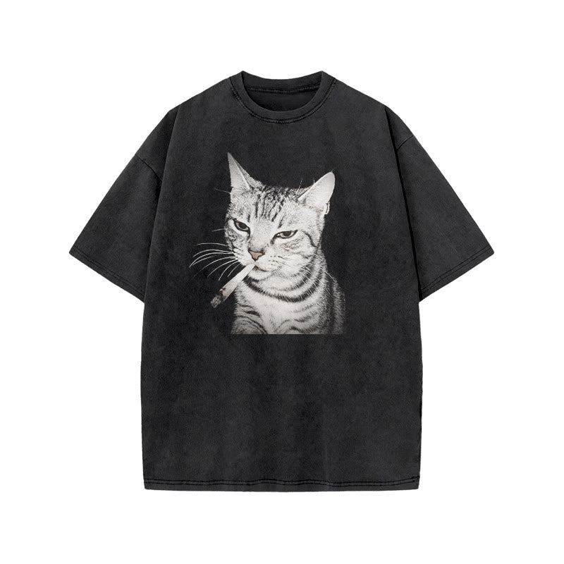 Tabby Cat With A Cigarette In Its Mouth Print Acid Washed T-shirt