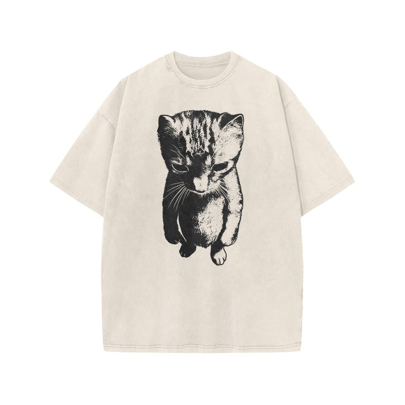 Funny Cat Meme Print Acid Washed T-shirt