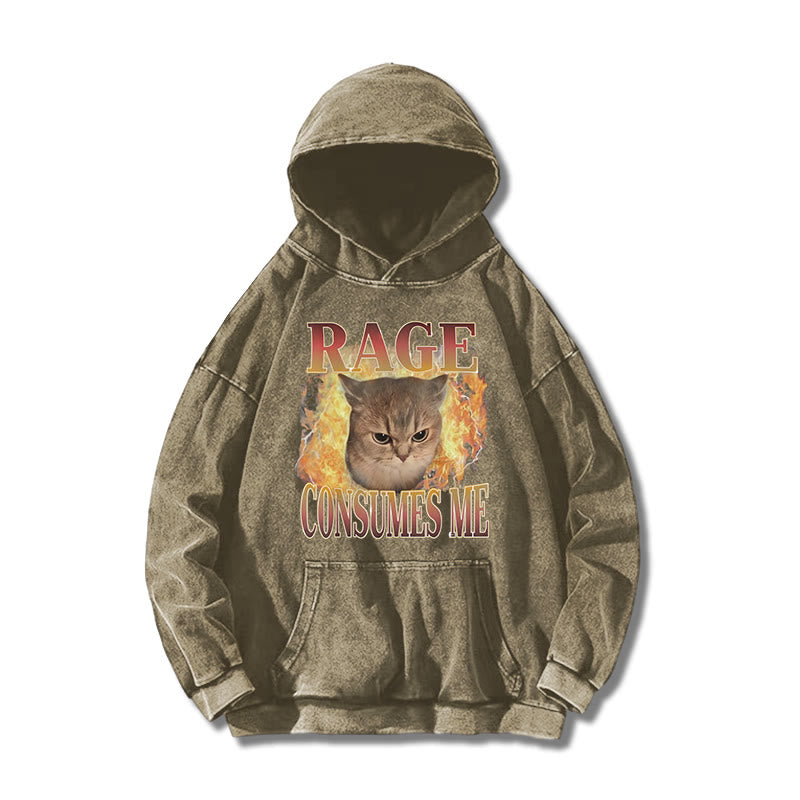 Rage Consumes Me Meme Cat Printed Washed Hoodie