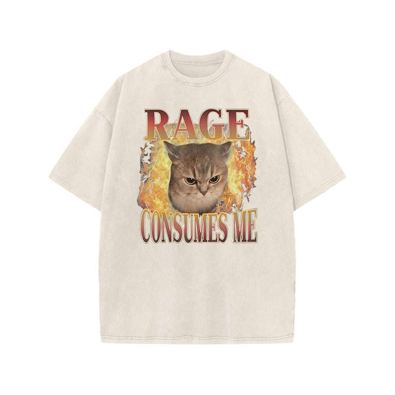 Rage Consumes Me Meme Cat Print Acid Washed T-shirt