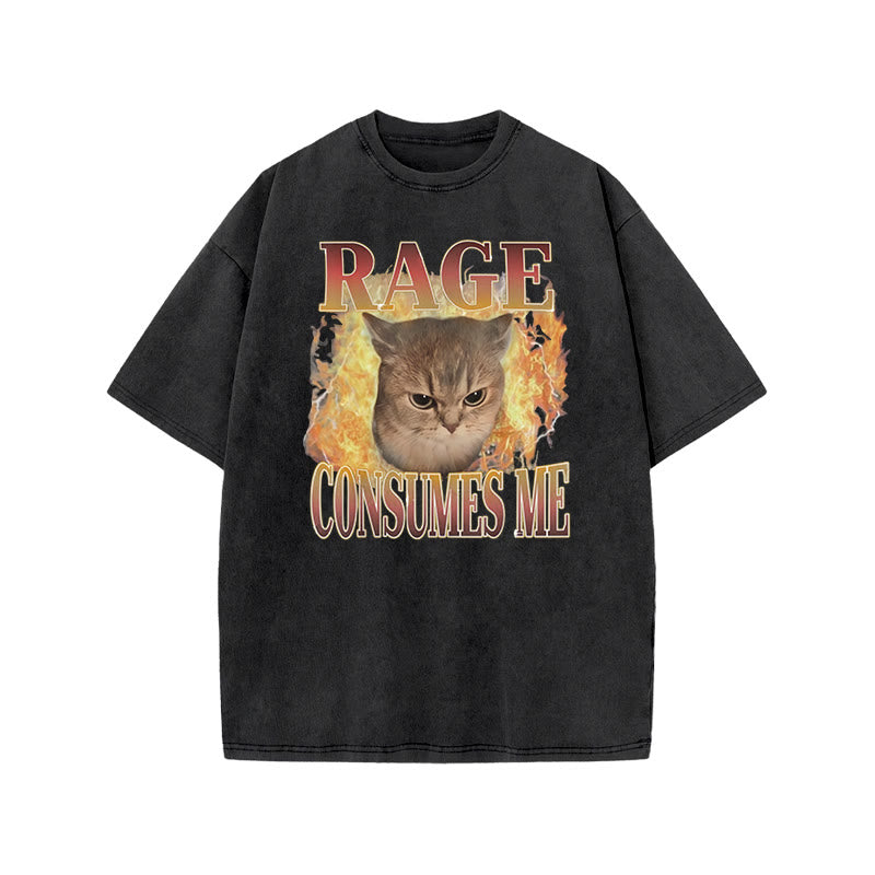 Rage Consumes Me Meme Cat Print Acid Washed T-shirt