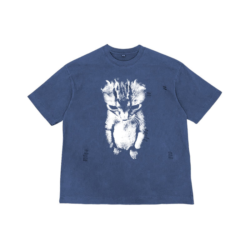 Funny Cat Meme Print Washed Ripped T-shirt