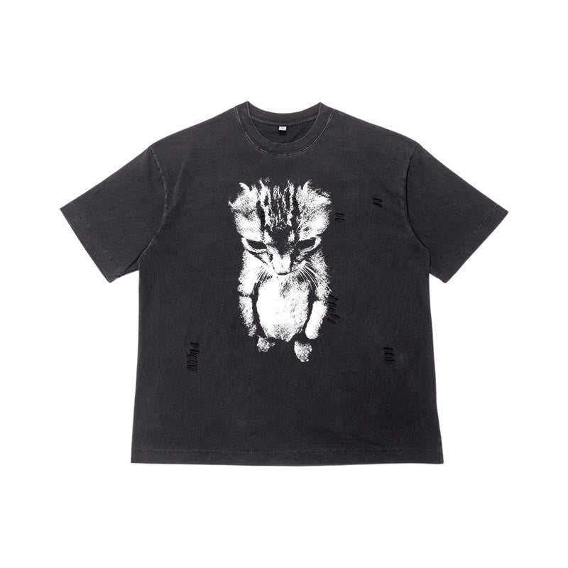 Funny Cat Meme Print Washed Ripped T-shirt
