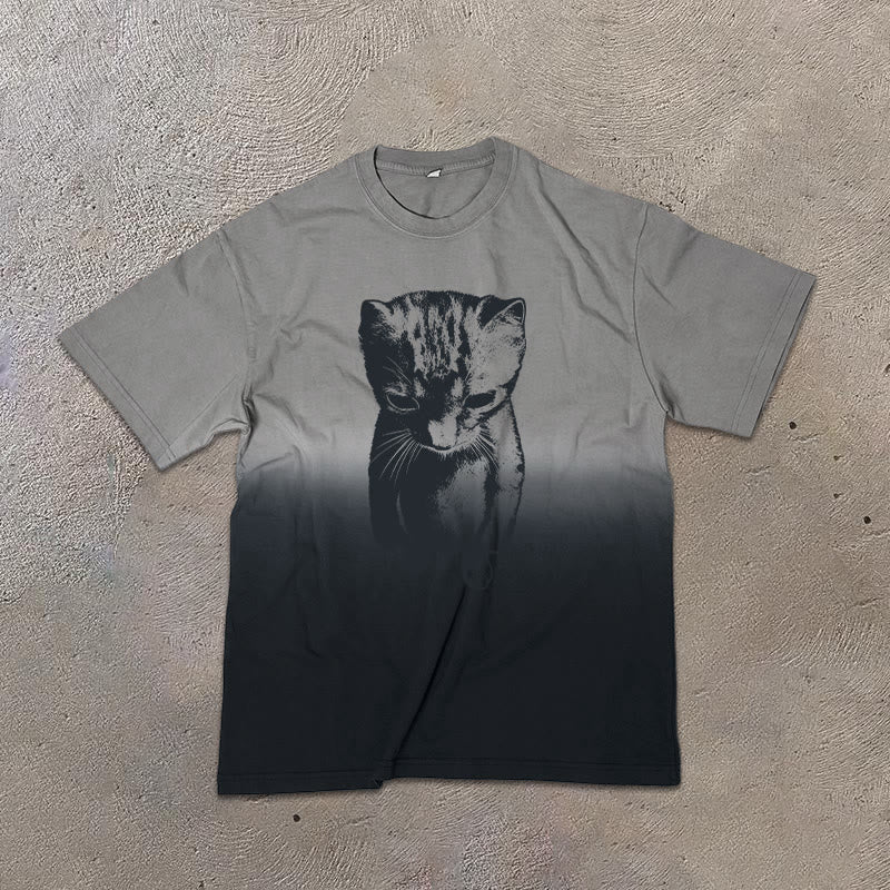 Funny Cat Meme Print Ombre Acid Washed T-shirt