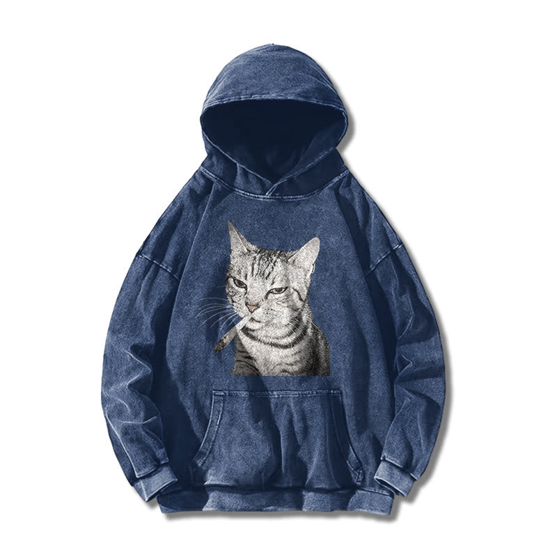 Tabby Cat With A Cigarette In Its Mouth Printed Washed Hoodie