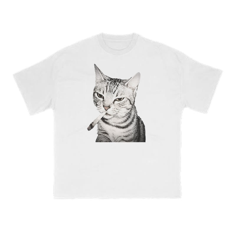 Tabby Cat With A Cigarette In Its Mouth Print T-shirt