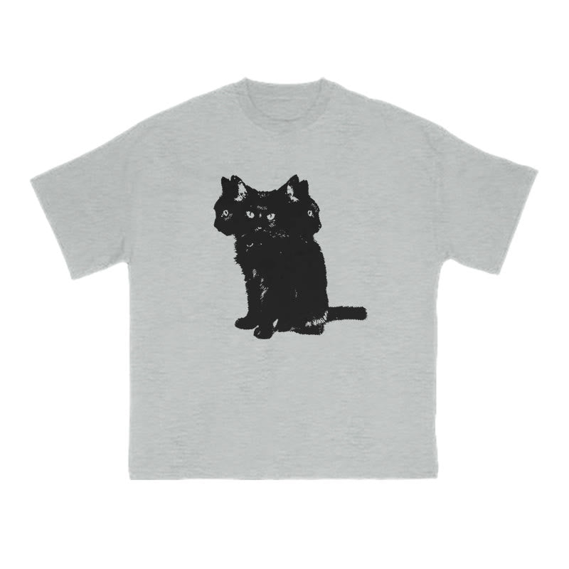 Three-headed Black Cat Print T-shirt