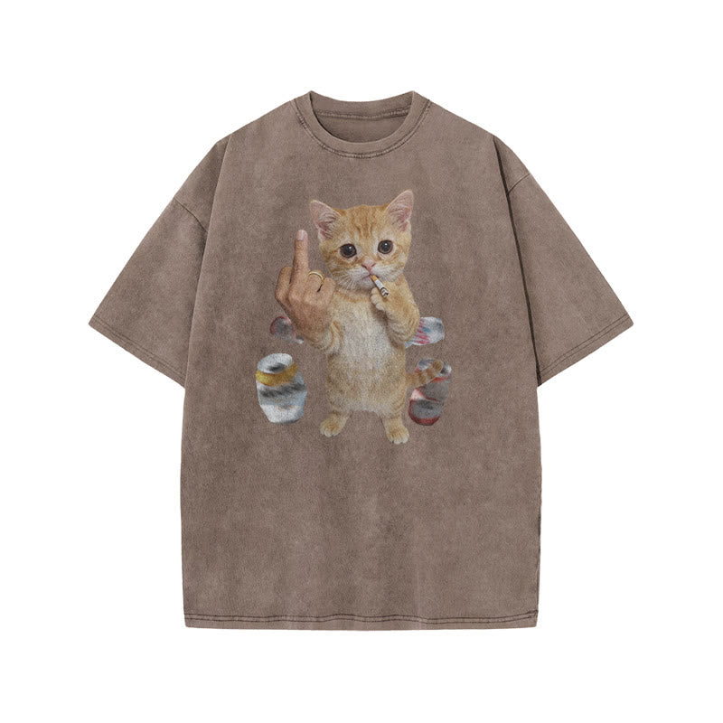 Dope Ass Cat Print Acid Washed T-shirt