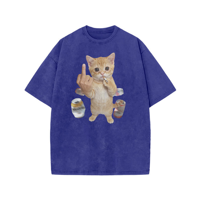Dope Ass Cat Print Acid Washed T-shirt