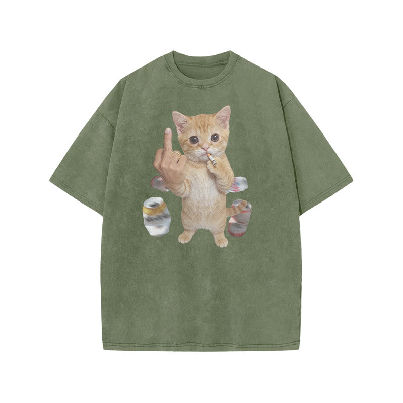 Dope Ass Cat Print Acid Washed T-shirt
