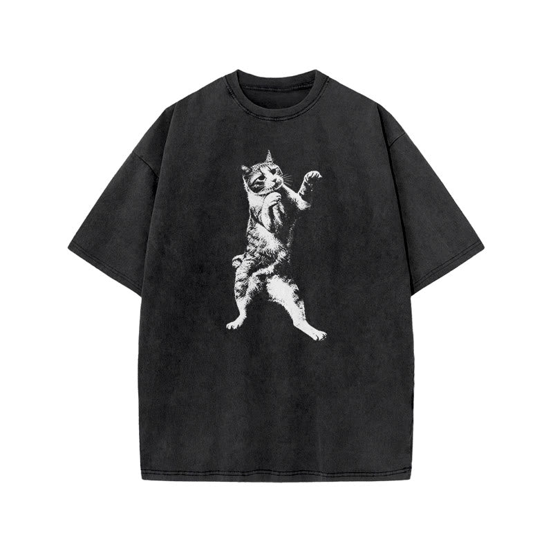 Funny Fighting Cat Print Acid Washed T-shirt