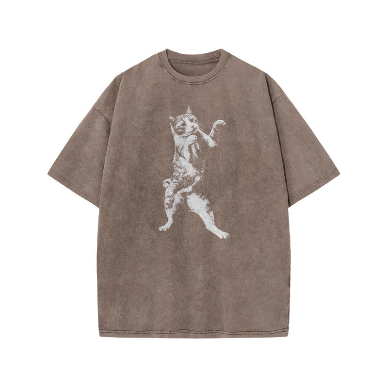 Funny Fighting Cat Print Acid Washed T-shirt