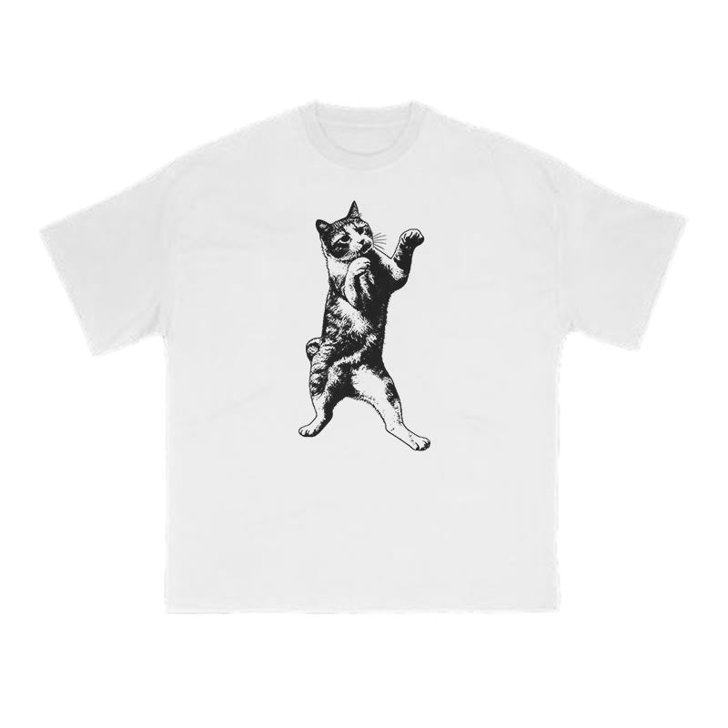 Funny Fighting Cat Print T-shirt