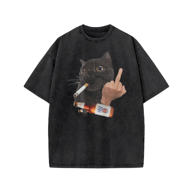 Dope Ass Black Cat Print Acid Washed T-shirt