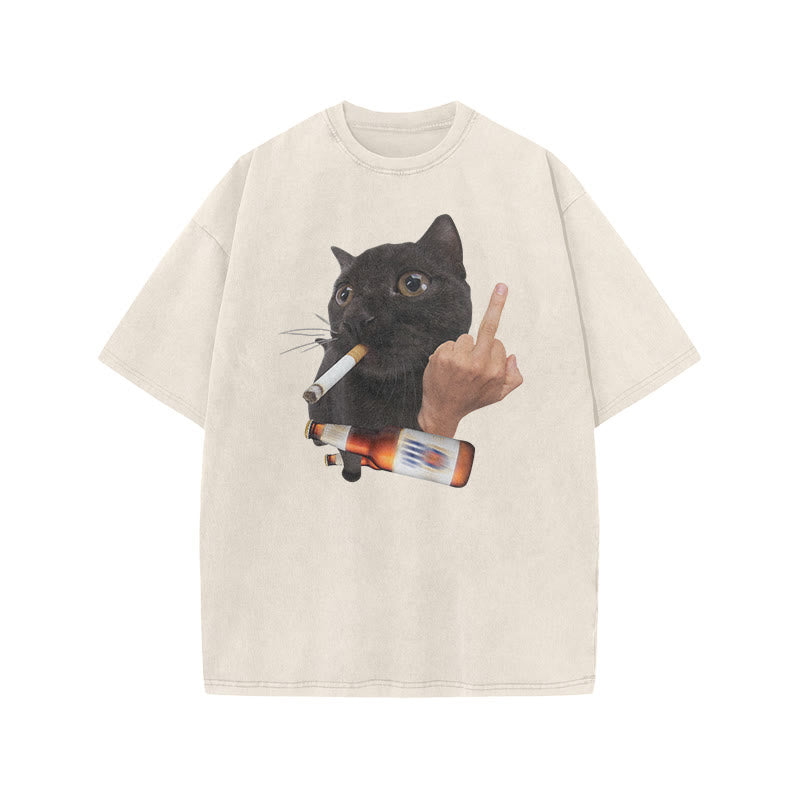Dope Ass Black Cat Print Acid Washed T-shirt