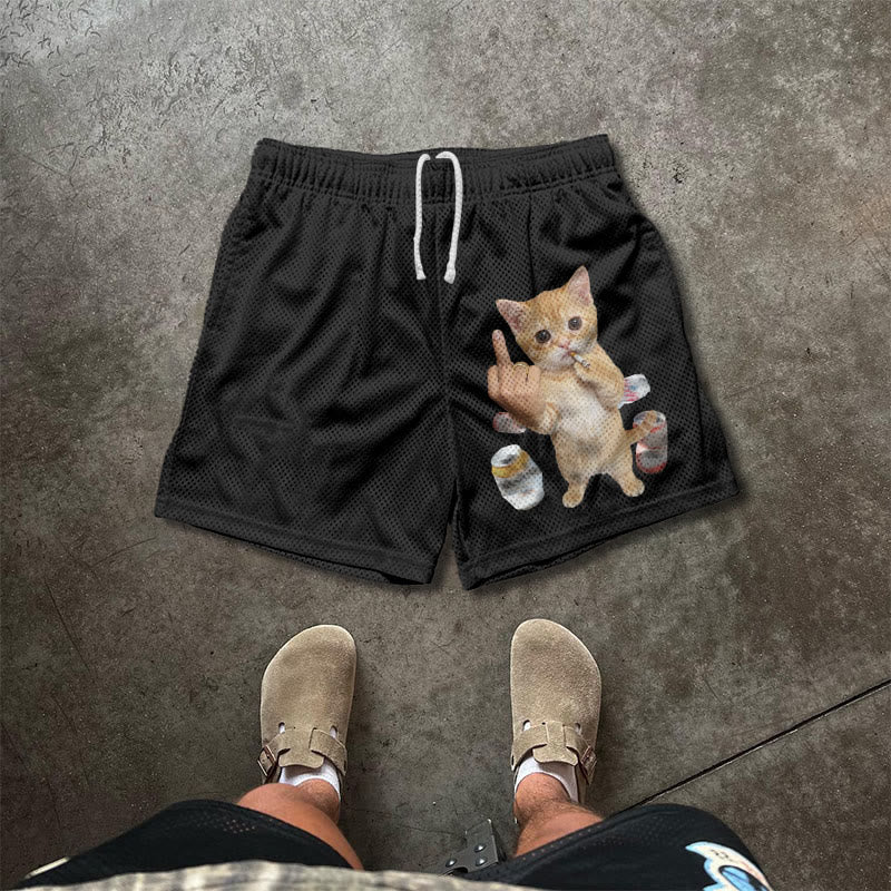 Dope Ass Cat Print Mesh Shorts