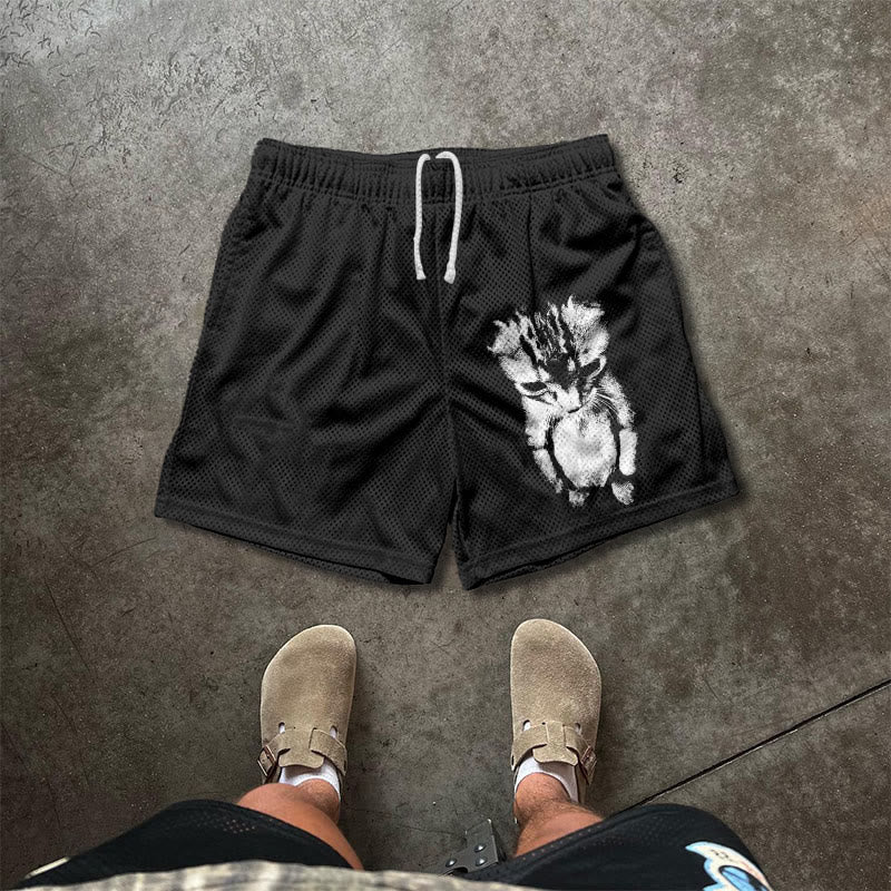 Funny Cat Meme Print Mesh Shorts