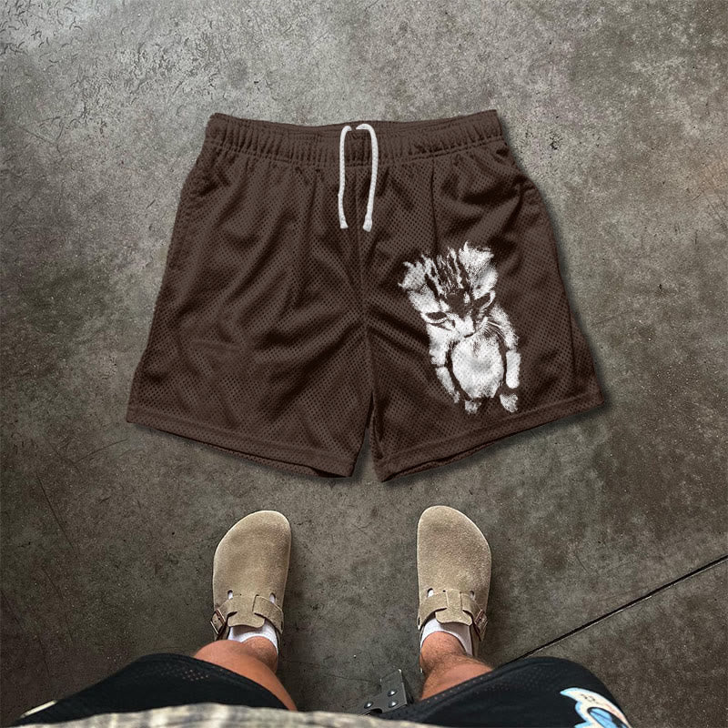 Funny Cat Meme Print Mesh Shorts