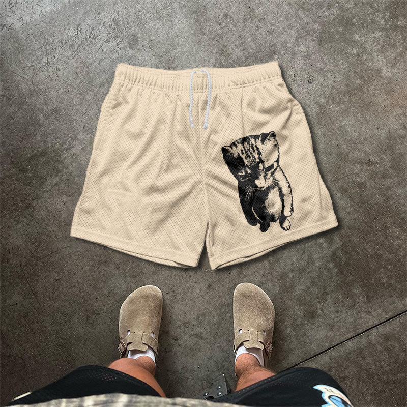 Funny Cat Meme Print Mesh Shorts