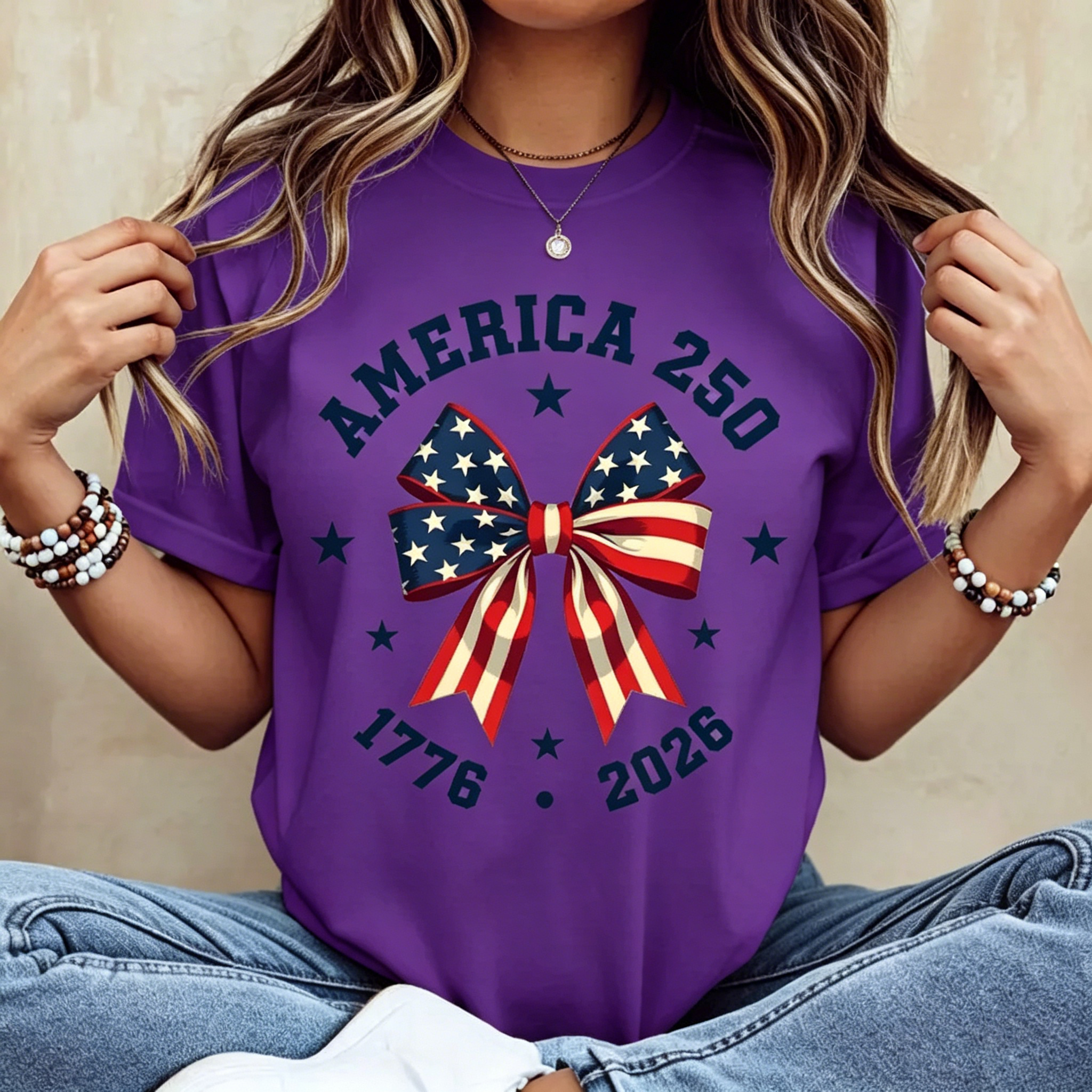 America 250 Stars And Stripes Bow Print T-Shirt