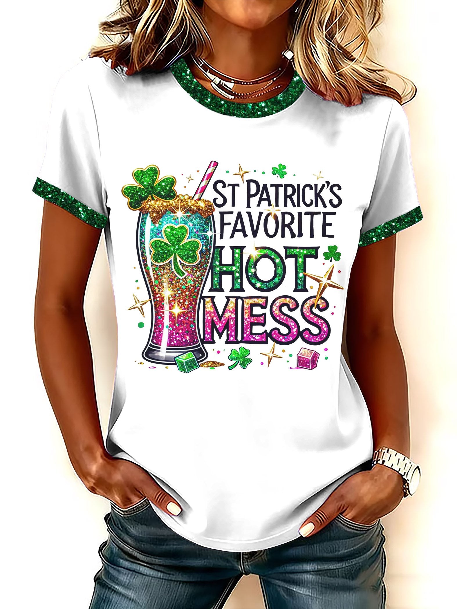 Women's St. Patrick's Favorite Hot Mess Print Round Neck T-shirt