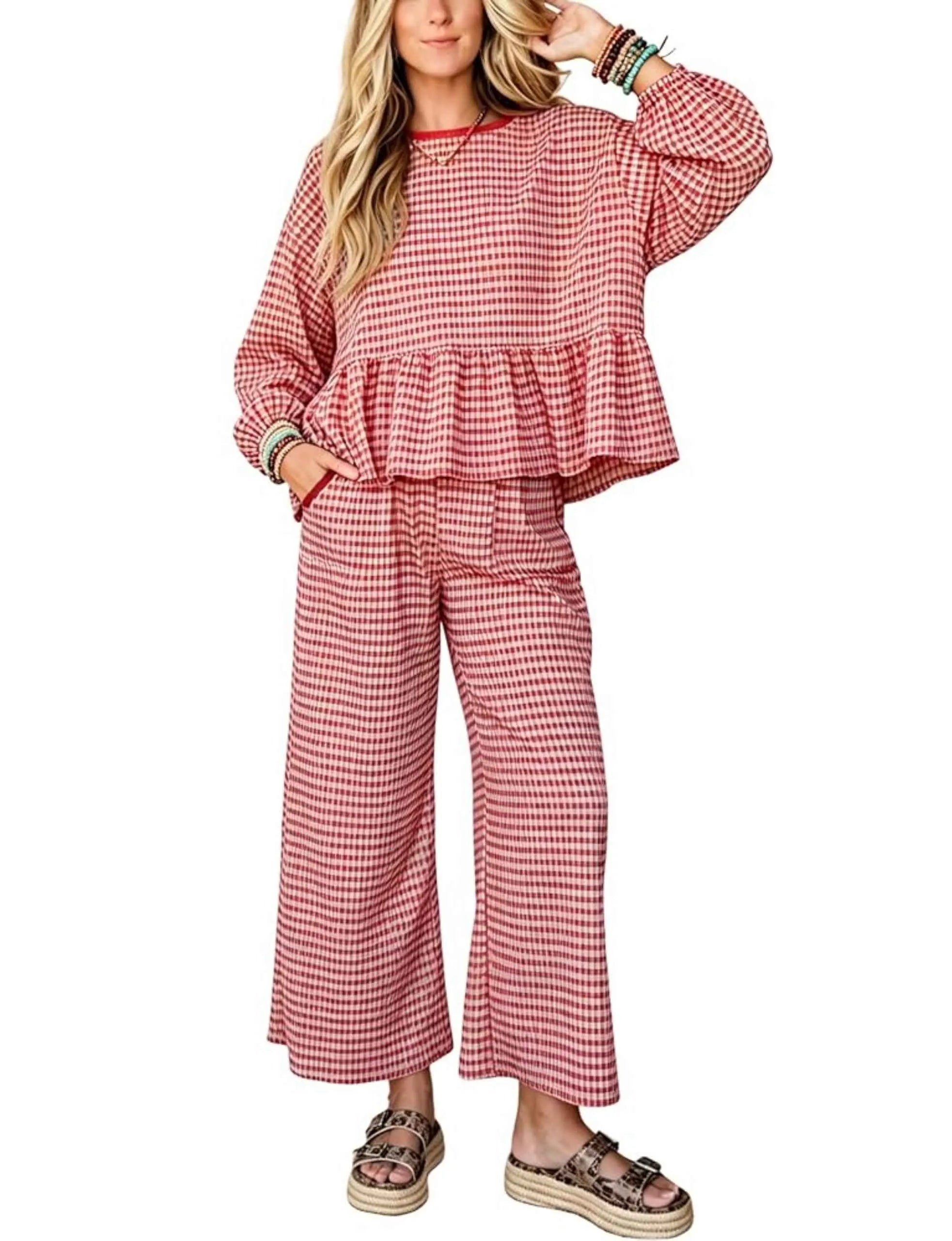 Women's Gingham Two Piece Set Peplum Top & Wide Leg Pants