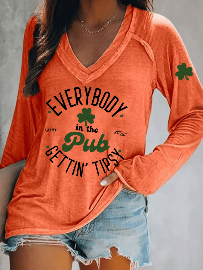 Women's Everybody In The Pub Getting Tipsy St. Patrick's Day Print V-Neck T-Shirt