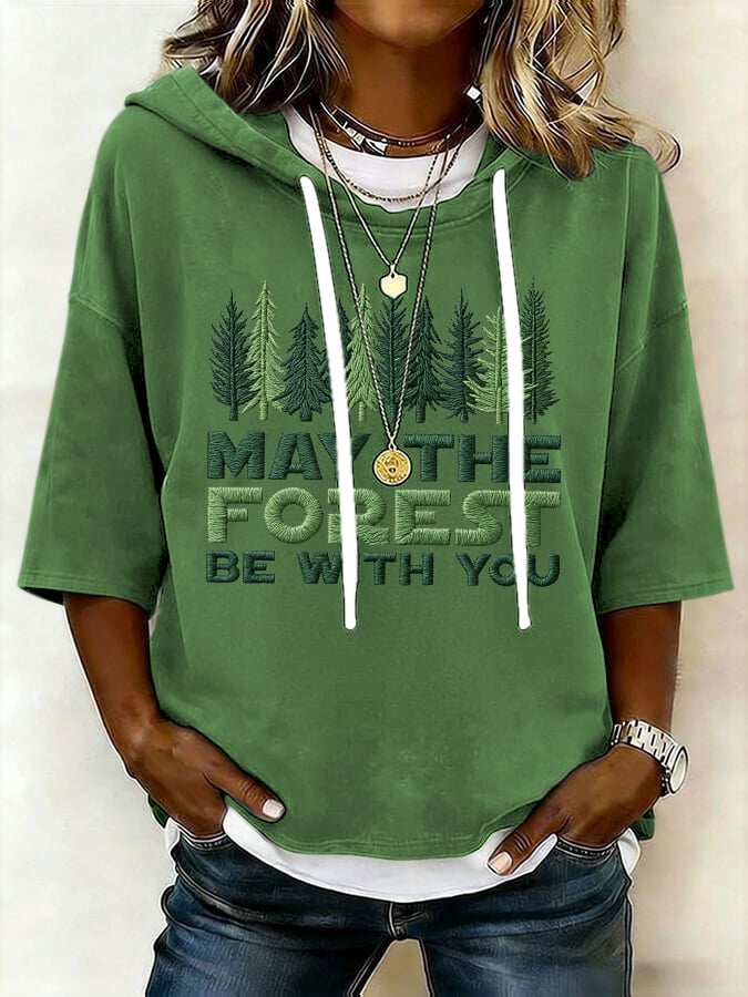 Women's Retro May The Forest Be With You Print Short-Sleeve Hoodie