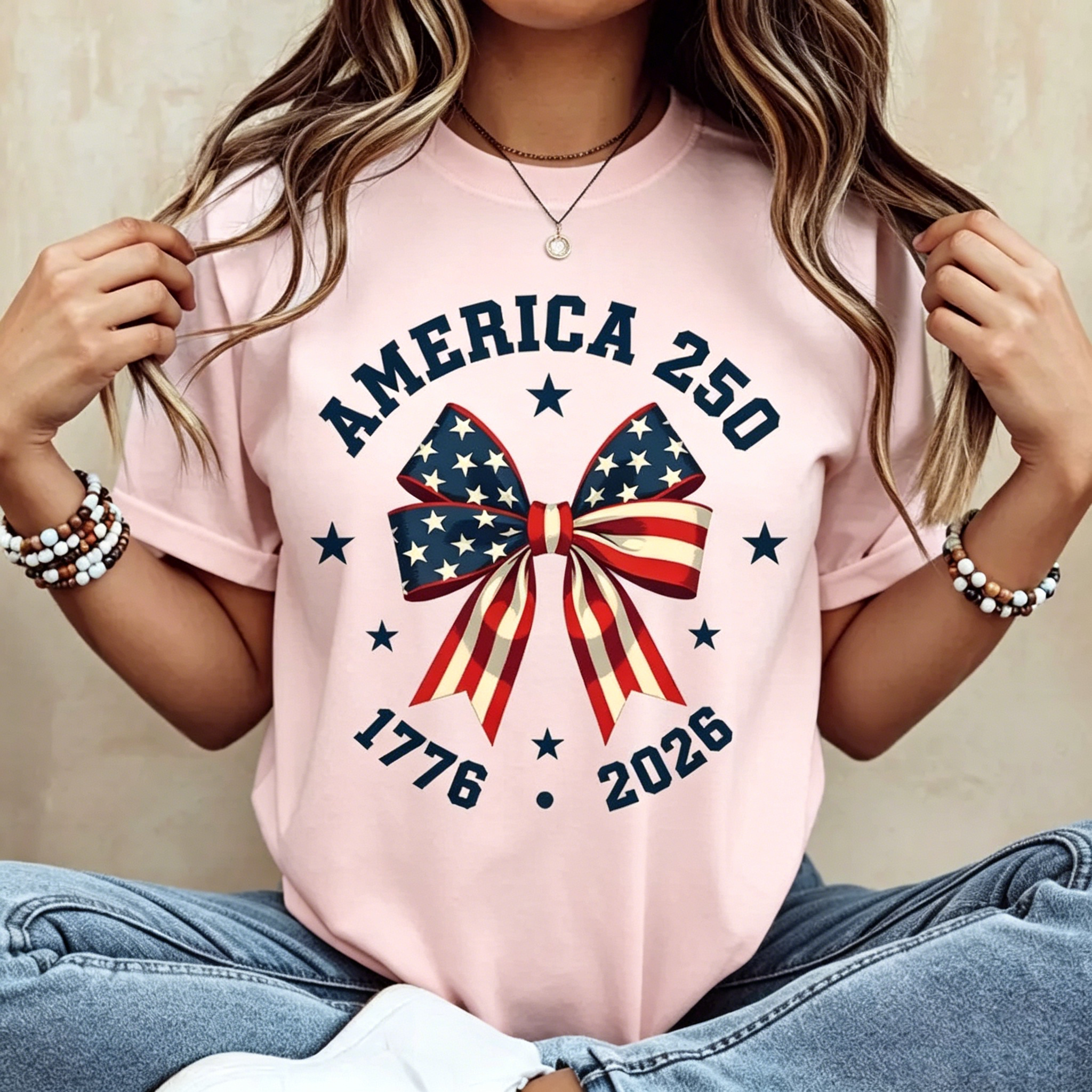 America 250 Stars And Stripes Bow Print T-Shirt