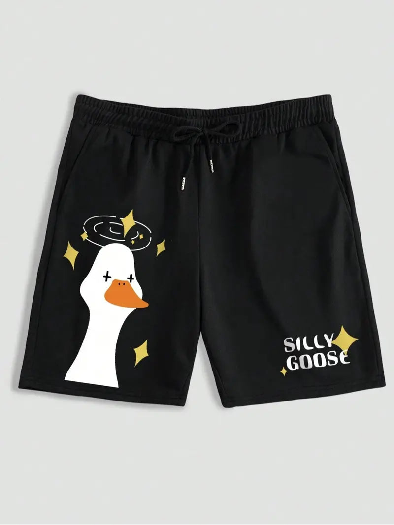 Unisex Cartoon Goose & Letter Print Drawstring Shorts