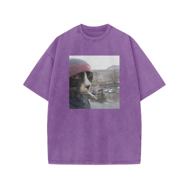 Unisex Smoking Street Style Cat Print Acid Washed T-shirt