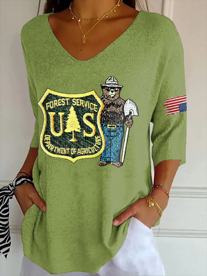 V- Neck Retro Save The Forest Service Print Shirt
