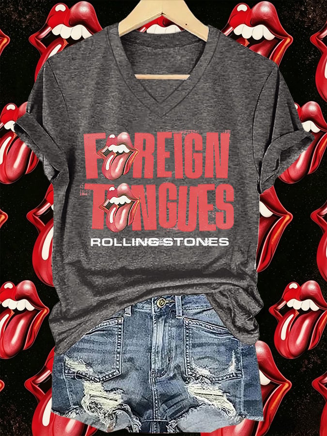Women's V-Neck Retro Foreign Tongues Print T-shirt
