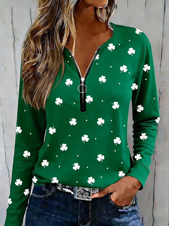 Women's offline St. Patrick's Day clover zip-up sweatshirt