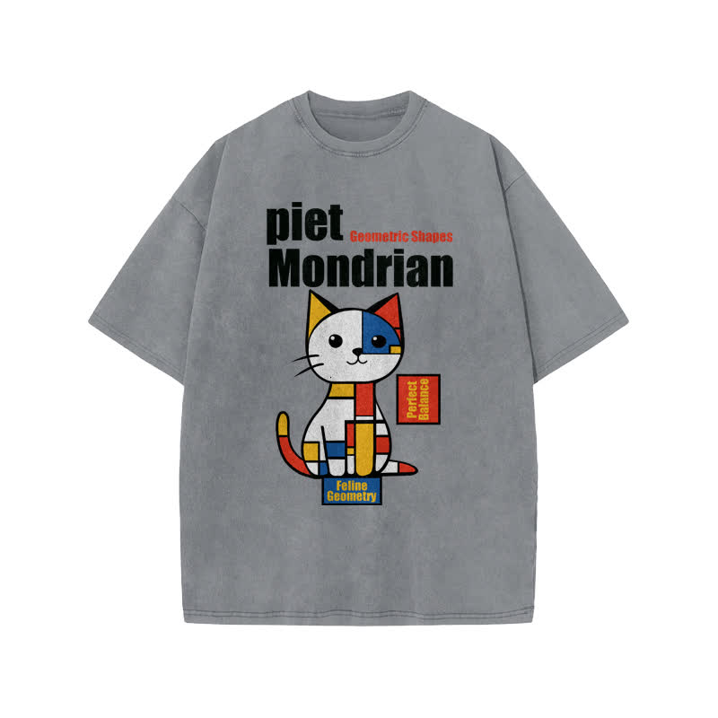 Unisex Geometric Shapes Cat Print Acid Washed T-shirt