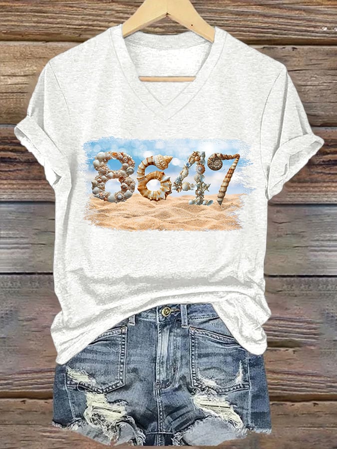 V-Neck Retro 8647 Beach Seashells Print T-Shirt