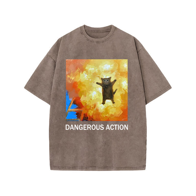 Unisex Dangerous Action Cat Art Print Acid Washed T-shirt
