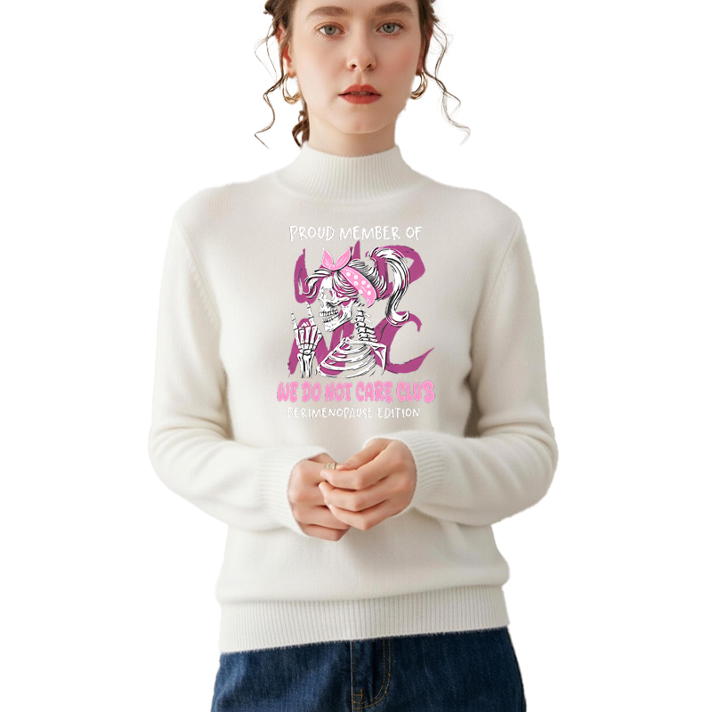 Retro and fun WDNC Club menopause/perimenopause themed printed mock neck sweater