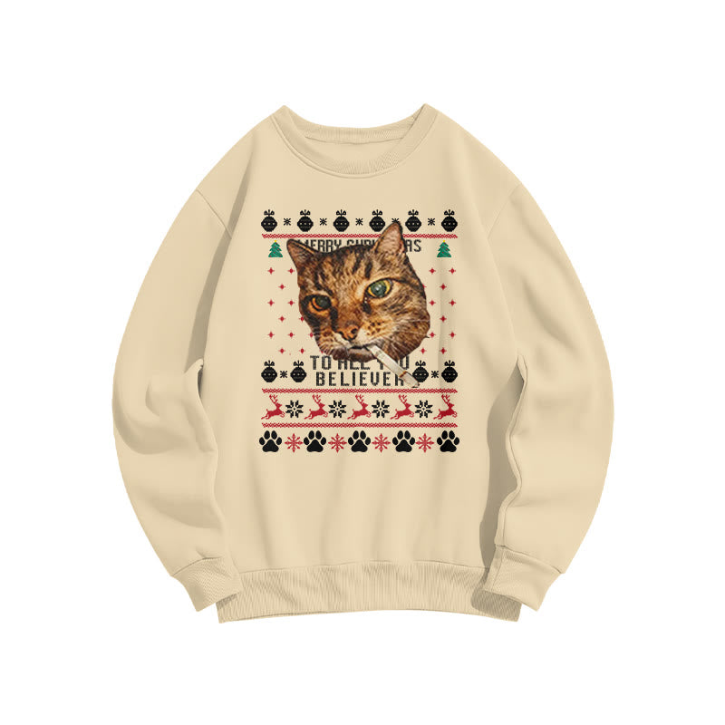 A Domineering Smoking Cat Christmas Print Sweatshirt